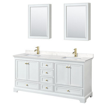 Deborah 72 Inch Double Bathroom Vanity In White, Carrara Cultured Marble Countertop, Undermount Square Sinks, Brushed Gold Trim, Medicine Cabinets