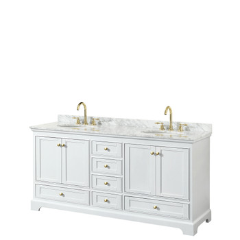 Deborah 72 Inch Double Bathroom Vanity In White, White Carrara Marble Countertop, Undermount Oval Sinks, Brushed Gold Trim, No Mirrors