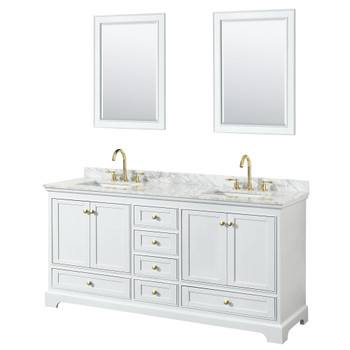 Deborah 72 Inch Double Bathroom Vanity In White, White Carrara Marble Countertop, Undermount Square Sinks, Brushed Gold Trim, 24 Inch Mirrors