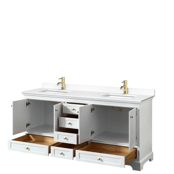 Deborah 72 Inch Double Bathroom Vanity In White, White Cultured Marble Countertop, Undermount Square Sinks, Brushed Gold Trim, No Mirrors