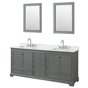 Deborah 80 Inch Double Bathroom Vanity In Dark Gray, White Carrara Marble Countertop, Undermount Square Sinks, And 24 Inch Mirrors