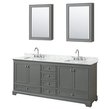 Deborah 80 Inch Double Bathroom Vanity In Dark Gray, White Carrara Marble Countertop, Undermount Square Sinks, And Medicine Cabinets