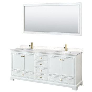 Deborah 80 Inch Double Bathroom Vanity In White, Carrara Cultured Marble Countertop, Undermount Square Sinks, Brushed Gold Trim, 70 Inch Mirror