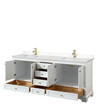 Deborah 80 Inch Double Bathroom Vanity In White, Carrara Cultured Marble Countertop, Undermount Square Sinks, Brushed Gold Trim, No Mirrors