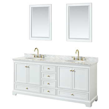 Deborah 80 Inch Double Bathroom Vanity In White, White Carrara Marble Countertop, Undermount Oval Sinks, Brushed Gold Trim, 24 Inch Mirrors