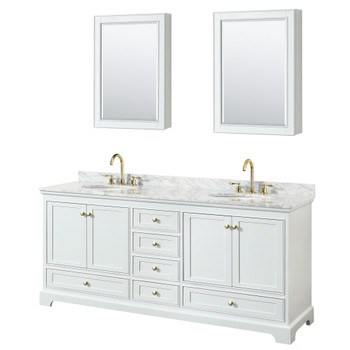 Deborah 80 Inch Double Bathroom Vanity In White, White Carrara Marble Countertop, Undermount Oval Sinks, Brushed Gold Trim, Medicine Cabinets