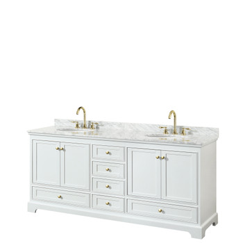 Deborah 80 Inch Double Bathroom Vanity In White, White Carrara Marble Countertop, Undermount Oval Sinks, Brushed Gold Trim, No Mirrors