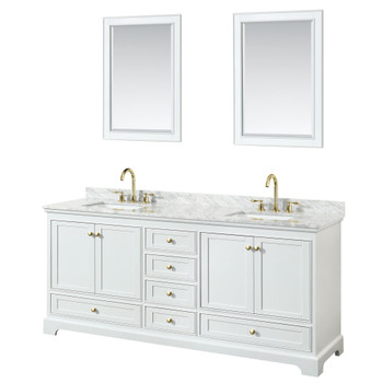 Deborah 80 Inch Double Bathroom Vanity In White, White Carrara Marble Countertop, Undermount Square Sinks, Brushed Gold Trim, 24 Inch Mirrors