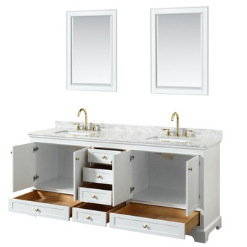 Deborah 80 Inch Double Bathroom Vanity In White, White Carrara Marble Countertop, Undermount Square Sinks, Brushed Gold Trim, 24 Inch Mirrors