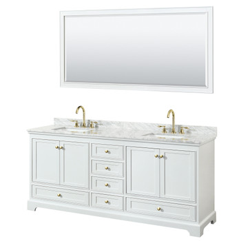 Deborah 80 Inch Double Bathroom Vanity In White, White Carrara Marble Countertop, Undermount Square Sinks, Brushed Gold Trim, 70 Inch Mirror