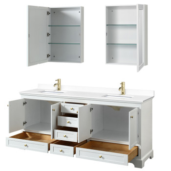 Deborah 80 Inch Double Bathroom Vanity In White, White Cultured Marble Countertop, Undermount Square Sinks, Brushed Gold Trim, Medicine Cabinets