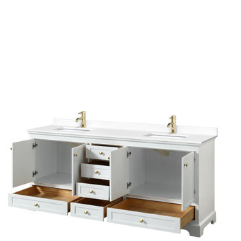 Deborah 80 Inch Double Bathroom Vanity In White, White Cultured Marble Countertop, Undermount Square Sinks, Brushed Gold Trim, No Mirrors