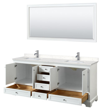 Deborah 80 Inch Double Bathroom Vanity In White, Carrara Cultured Marble Countertop, Undermount Square Sinks, 70 Inch Mirror