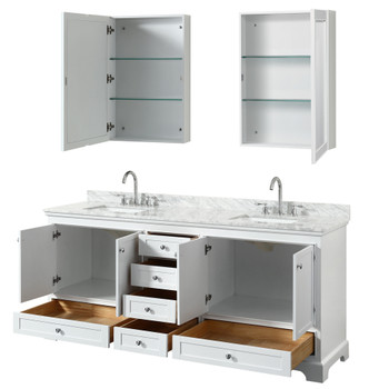 Deborah 80 Inch Double Bathroom Vanity In White, White Carrara Marble Countertop, Undermount Square Sinks, And Medicine Cabinets