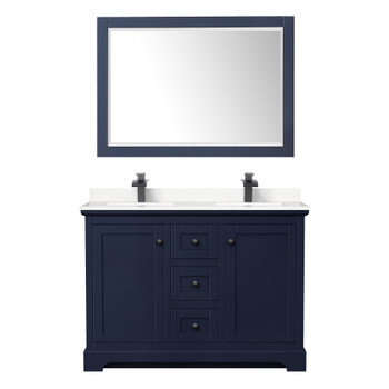 Avery 48 Inch Double Bathroom Vanity In Dark Blue, Carrara Cultured Marble Countertop, Undermount Square Sinks, Matte Black Trim, 46 Inch Mirror