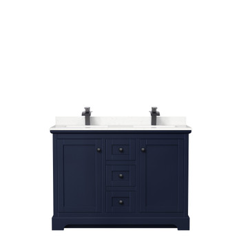 Avery 48 Inch Double Bathroom Vanity In Dark Blue, Carrara Cultured Marble Countertop, Undermount Square Sinks, Matte Black Trim