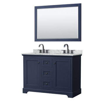 Avery 48 Inch Double Bathroom Vanity In Dark Blue, White Carrara Marble Countertop, Undermount Oval Sinks, Matte Black Trim, 46 Inch Mirror