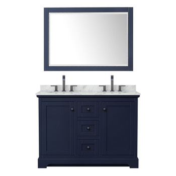 Avery 48 Inch Double Bathroom Vanity In Dark Blue, White Carrara Marble Countertop, Undermount Oval Sinks, Matte Black Trim, 46 Inch Mirror