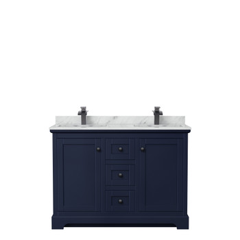 Avery 48 Inch Double Bathroom Vanity In Dark Blue, White Carrara Marble Countertop, Undermount Square Sinks, Matte Black Trim