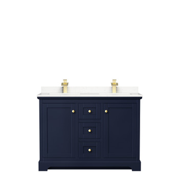 Avery 48 Inch Double Bathroom Vanity In Dark Blue, Carrara Cultured Marble Countertop, Undermount Square Sinks, No Mirror