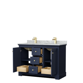 Avery 48 Inch Double Bathroom Vanity In Dark Blue, White Carrara Marble Countertop, Undermount Square Sinks, No Mirror