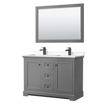 Avery 48 Inch Double Bathroom Vanity In Dark Gray, Carrara Cultured Marble Countertop, Undermount Square Sinks, Matte Black Trim, 46 Inch Mirror