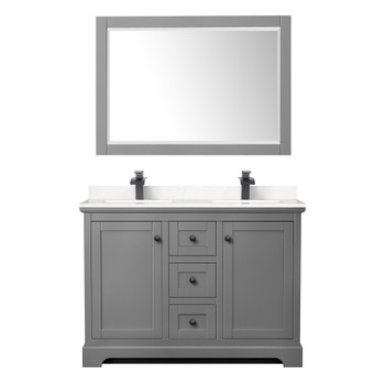 Avery 48 Inch Double Bathroom Vanity In Dark Gray, Carrara Cultured Marble Countertop, Undermount Square Sinks, Matte Black Trim, 46 Inch Mirror