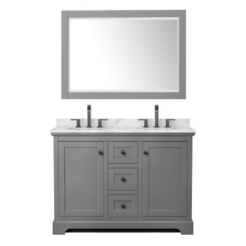 Avery 48 Inch Double Bathroom Vanity In Dark Gray, White Carrara Marble Countertop, Undermount Oval Sinks, Matte Black Trim, 46 Inch Mirror