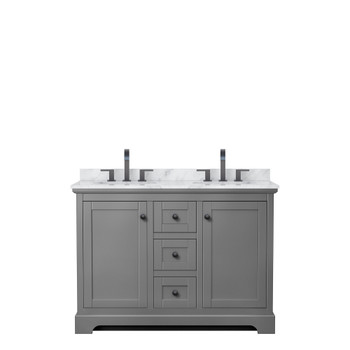 Avery 48 Inch Double Bathroom Vanity In Dark Gray, White Carrara Marble Countertop, Undermount Oval Sinks, Matte Black Trim