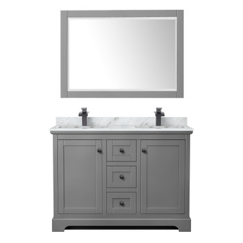 Avery 48 Inch Double Bathroom Vanity In Dark Gray, White Carrara Marble Countertop, Undermount Square Sinks, Matte Black Trim, 46 Inch Mirror