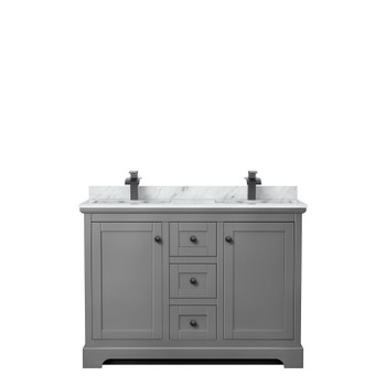 Avery 48 Inch Double Bathroom Vanity In Dark Gray, White Carrara Marble Countertop, Undermount Square Sinks, Matte Black Trim