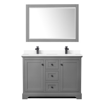 Avery 48 Inch Double Bathroom Vanity In Dark Gray, White Cultured Marble Countertop, Undermount Square Sinks, Matte Black Trim, 46 Inch Mirror