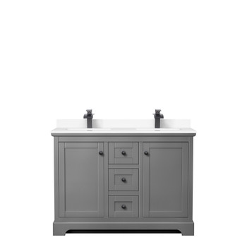 Avery 48 Inch Double Bathroom Vanity In Dark Gray, White Cultured Marble Countertop, Undermount Square Sinks, Matte Black Trim