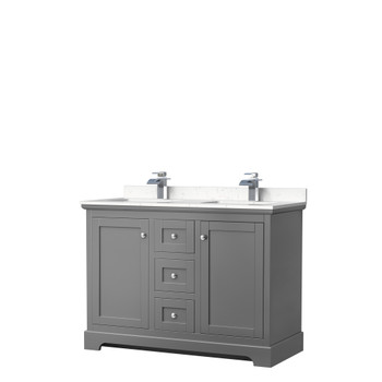 Avery 48 Inch Double Bathroom Vanity In Dark Gray, Carrara Cultured Marble Countertop, Undermount Square Sinks, No Mirror