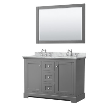 Avery 48 Inch Double Bathroom Vanity In Dark Gray, White Carrara Marble Countertop, Undermount Oval Sinks, 46 Inch Mirror