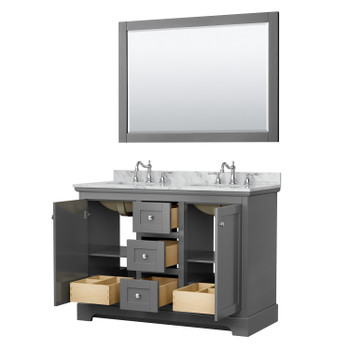 Avery 48 Inch Double Bathroom Vanity In Dark Gray, White Carrara Marble Countertop, Undermount Oval Sinks, 46 Inch Mirror