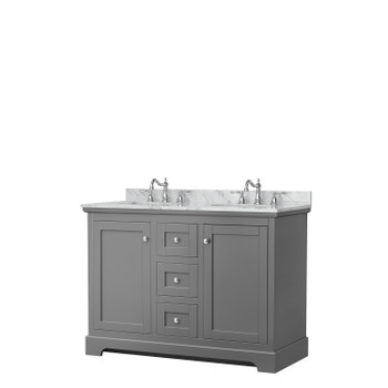 Avery 48 Inch Double Bathroom Vanity In Dark Gray, White Carrara Marble Countertop, Undermount Oval Sinks, No Mirror