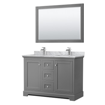 Avery 48 Inch Double Bathroom Vanity In Dark Gray, White Carrara Marble Countertop, Undermount Square Sinks, 46 Inch Mirror