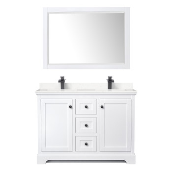 Avery 48 Inch Double Bathroom Vanity In White, Carrara Cultured Marble Countertop, Undermount Square Sinks, Matte Black Trim, 46 Inch Mirror