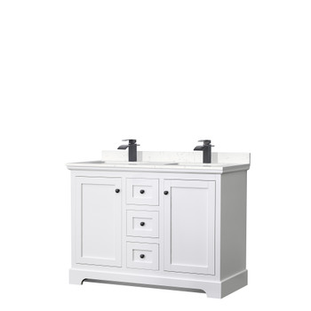 Avery 48 Inch Double Bathroom Vanity In White, Carrara Cultured Marble Countertop, Undermount Square Sinks, Matte Black Trim