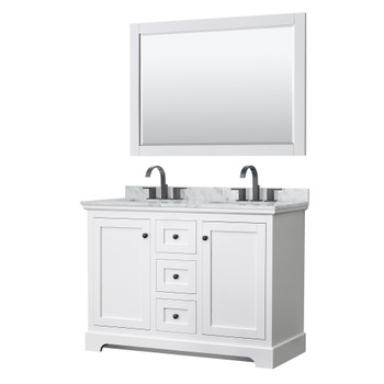 Avery 48 Inch Double Bathroom Vanity In White, White Carrara Marble Countertop, Undermount Oval Sinks, Matte Black Trim, 46 Inch Mirror