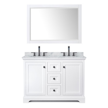 Avery 48 Inch Double Bathroom Vanity In White, White Carrara Marble Countertop, Undermount Oval Sinks, Matte Black Trim, 46 Inch Mirror