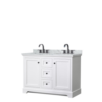Avery 48 Inch Double Bathroom Vanity In White, White Carrara Marble Countertop, Undermount Oval Sinks, Matte Black Trim