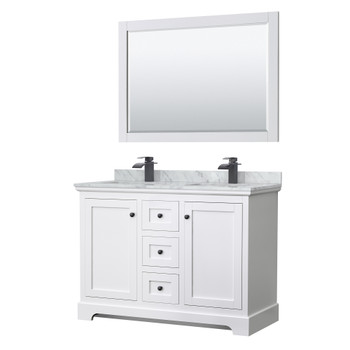 Avery 48 Inch Double Bathroom Vanity In White, White Carrara Marble Countertop, Undermount Square Sinks, Matte Black Trim, 46 Inch Mirror