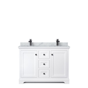 Avery 48 Inch Double Bathroom Vanity In White, White Carrara Marble Countertop, Undermount Square Sinks, Matte Black Trim