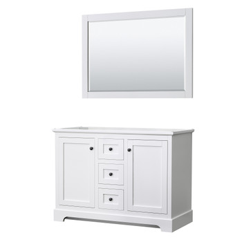 Avery 48 Inch Double Bathroom Vanity In White, No Countertop, No Sinks, Matte Black Trim, 46 Inch Mirror