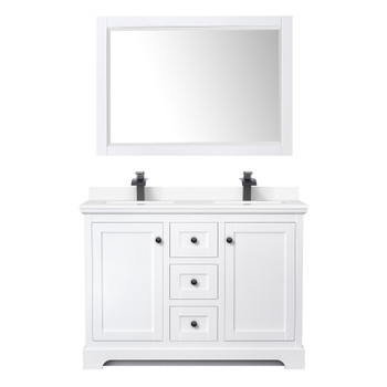 Avery 48 Inch Double Bathroom Vanity In White, White Cultured Marble Countertop, Undermount Square Sinks, Matte Black Trim, 46 Inch Mirror