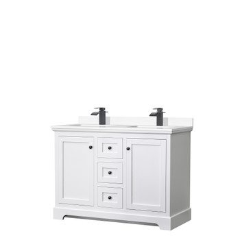 Avery 48 Inch Double Bathroom Vanity In White, White Cultured Marble Countertop, Undermount Square Sinks, Matte Black Trim