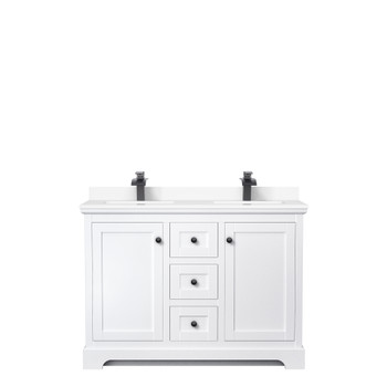 Avery 48 Inch Double Bathroom Vanity In White, White Cultured Marble Countertop, Undermount Square Sinks, Matte Black Trim