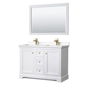 Avery 48 Inch Double Bathroom Vanity In White, Carrara Cultured Marble Countertop, Undermount Square Sinks, 46 Inch Mirror, Brushed Gold Trim